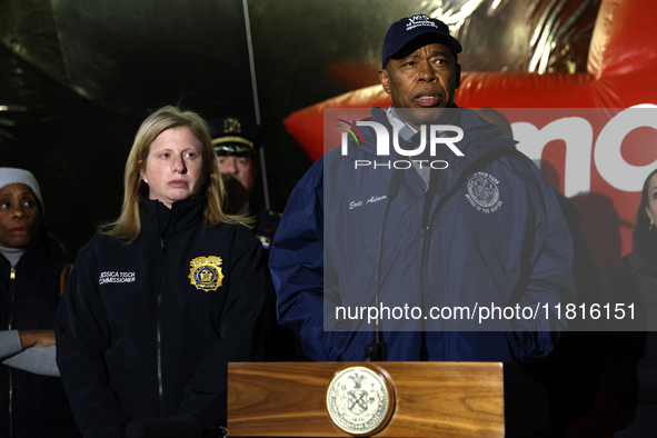 New York Police Commissioner Jessica Tisch and New York City Mayor Eric Adams and city officials hold a public safety press conference ahead...