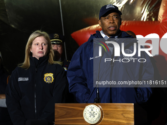 New York Police Commissioner Jessica Tisch and New York City Mayor Eric Adams and city officials hold a public safety press conference ahead...