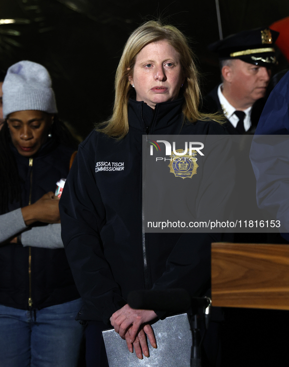 New York Police Commissioner Jessica Tisch and New York City Mayor Eric Adams and city officials hold a public safety press conference ahead...