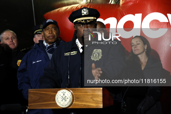 NYPD Chief of Department Jeffrey B. Maddrey and New York City Mayor Eric Adams and city officials hold a public safety press conference ahea...