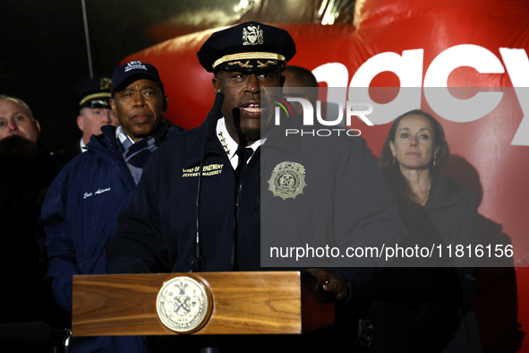 NYPD Chief of Department Jeffrey B. Maddrey and New York City Mayor Eric Adams and city officials hold a public safety press conference ahea...