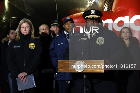 NYPD Chief of Department Jeffrey B. Maddrey and New York City Mayor Eric Adams and city officials hold a public safety press conference ahea...