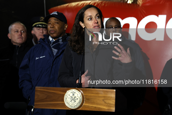 REBECCA WEINER AS NYPD DEPUTY COMMISSIONER OF INTELLIGENCE AND COUNTERTERRORISM speaks during New York City Mayor Eric Adams  public safety...