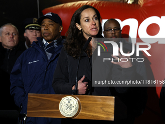 REBECCA WEINER AS NYPD DEPUTY COMMISSIONER OF INTELLIGENCE AND COUNTERTERRORISM speaks during New York City Mayor Eric Adams  public safety...