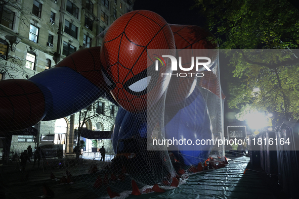 Spiderman balloon is seen as New York City Mayor Eric Adams and city officials hold a public safety press conference ahead of the Macys Than...