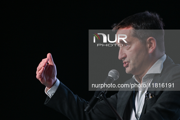 KRAKOW, POLAND - NOVEMBER 27:   
Artur Olech, President of PZU, addresses participants during the 1st National Congress, 'The Defense System...