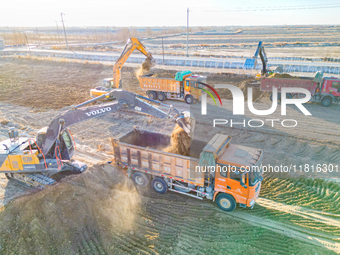 Large machinery levels the land at a high-standard farmland construction site in Weili County, Bayingoleng Mongolian Autonomous Prefecture,...