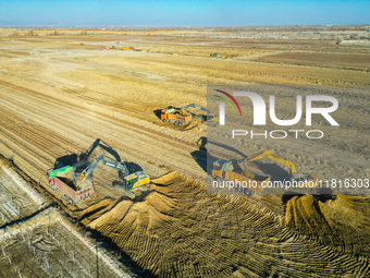 Large machinery levels the land at a high-standard farmland construction site in Weili County, Bayingoleng Mongolian Autonomous Prefecture,...