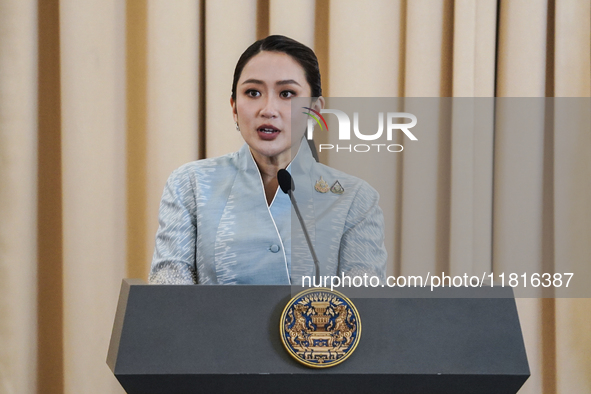 Thailand's Prime Minister Paetongtarn Shinawatra speaks during a press conference at Government House in Bangkok, Thailand, on November 28,...