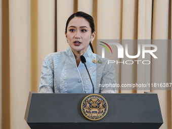 Thailand's Prime Minister Paetongtarn Shinawatra speaks during a press conference at Government House in Bangkok, Thailand, on November 28,...