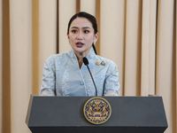 Thailand's Prime Minister Paetongtarn Shinawatra speaks during a press conference at Government House in Bangkok, Thailand, on November 28,...