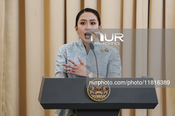 Thailand's Prime Minister Paetongtarn Shinawatra speaks during a press conference at Government House in Bangkok, Thailand, on November 28,...