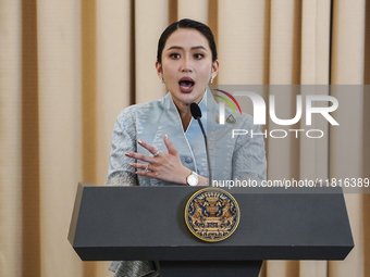 Thailand's Prime Minister Paetongtarn Shinawatra speaks during a press conference at Government House in Bangkok, Thailand, on November 28,...