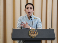 Thailand's Prime Minister Paetongtarn Shinawatra speaks during a press conference at Government House in Bangkok, Thailand, on November 28,...