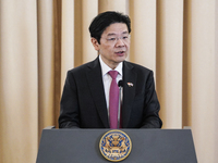 Singapore's Prime Minister Lawrence Wong speaks during a press conference at Government House in Bangkok, Thailand, on November 28, 2024. (