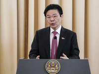 Singapore's Prime Minister Lawrence Wong speaks during a press conference at Government House in Bangkok, Thailand, on November 28, 2024. (