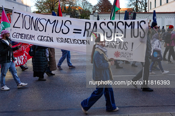 In Munich, Germany, on November 16, 2024, a Pro-Palestinian rally organized by 'Palastina Spricht' takes place, with participants advocating...