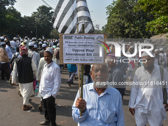 Activists of the Jamiat-e-Ulma Muslim organization participate in a protest against the WAQF Amendment Bill in Kolkata, India, on November 2...