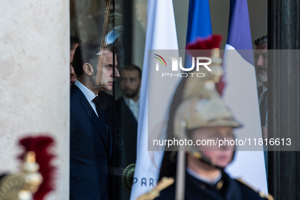 French President Emmanuel Macron and First Lady Brigitte receive Nigeria's President Bola Tinubo, who visits France for two days with the Fi...