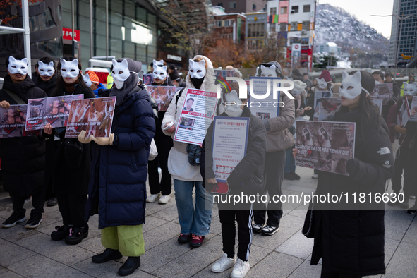 Members of the animal rights group CARE gather near the Chinese Embassy in Myeong-dong to call for the enactment of animal protection laws i...