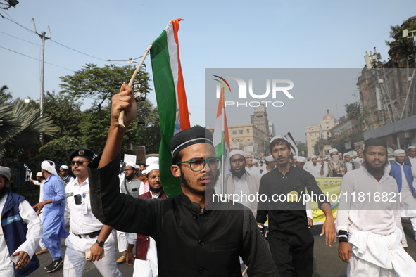 Jamiat E Ulama Bangla supporters take part in a protest meeting against the ongoing conflict in Gaza between Israel and Hamas and the WAQF A...