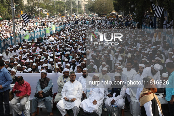 Jamiat E Ulama Bangla supporters take part in a protest meeting against the ongoing conflict in Gaza between Israel and Hamas and the WAQF A...