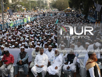 Jamiat E Ulama Bangla supporters take part in a protest meeting against the ongoing conflict in Gaza between Israel and Hamas and the WAQF A...