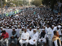 Jamiat E Ulama Bangla supporters take part in a protest meeting against the ongoing conflict in Gaza between Israel and Hamas and the WAQF A...