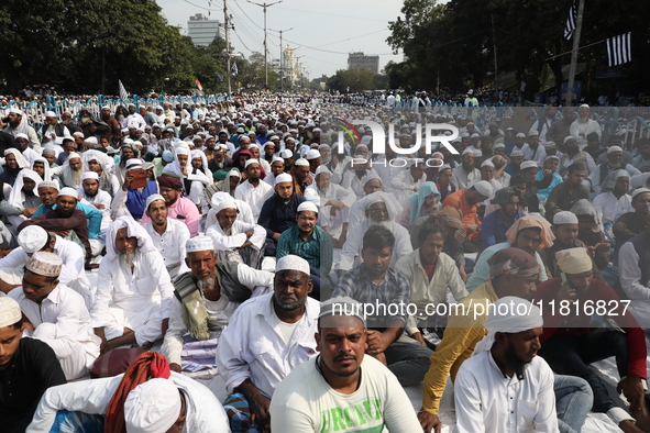 Jamiat E Ulama Bangla supporters take part in a protest meeting against the ongoing conflict in Gaza between Israel and Hamas and the WAQF A...