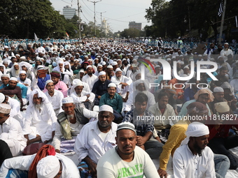 Jamiat E Ulama Bangla supporters take part in a protest meeting against the ongoing conflict in Gaza between Israel and Hamas and the WAQF A...