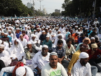 Jamiat E Ulama Bangla supporters take part in a protest meeting against the ongoing conflict in Gaza between Israel and Hamas and the WAQF A...