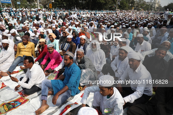 Jamiat E Ulama Bangla supporters take part in a protest meeting against the ongoing conflict in Gaza between Israel and Hamas and the WAQF A...