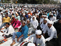 Jamiat E Ulama Bangla supporters take part in a protest meeting against the ongoing conflict in Gaza between Israel and Hamas and the WAQF A...