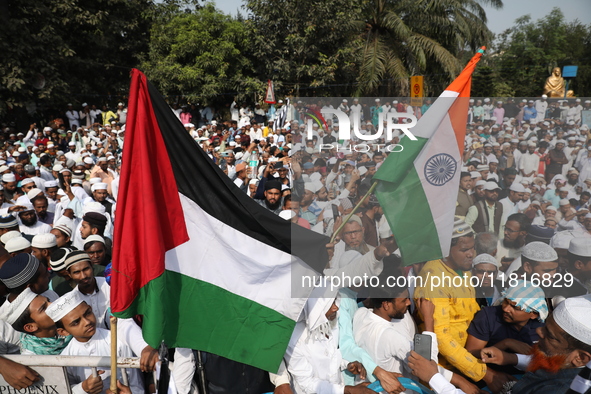 Jamiat E Ulama Bangla supporters take part in a protest meeting against the ongoing conflict in Gaza between Israel and Hamas and the WAQF A...