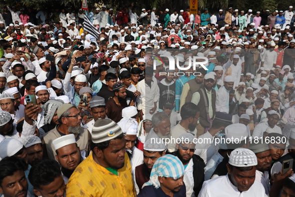 Jamiat E Ulama Bangla supporters take part in a protest meeting against the ongoing conflict in Gaza between Israel and Hamas and the WAQF A...