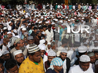 Jamiat E Ulama Bangla supporters take part in a protest meeting against the ongoing conflict in Gaza between Israel and Hamas and the WAQF A...