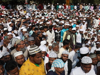 Jamiat E Ulama Bangla supporters take part in a protest meeting against the ongoing conflict in Gaza between Israel and Hamas and the WAQF A...