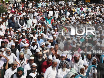 Jamiat E Ulama Bangla supporters take part in a protest meeting against the ongoing conflict in Gaza between Israel and Hamas and the WAQF A...