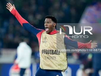 Jonathan David of LOSC Lille gestures during the UEFA Champions League 2024/25 League Phase MD5 match between Bologna FC and LOSC Lille at S...