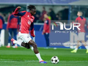 Ngal'ayel Mukau of LOSC Lille during the UEFA Champions League 2024/25 League Phase MD5 match between Bologna FC and LOSC Lille at Stadio Re...