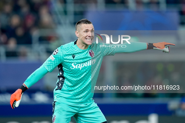 Lukasz Skorupski of Bologna FC gestures during the UEFA Champions League 2024/25 League Phase MD5 match between Bologna FC and LOSC Lille at...