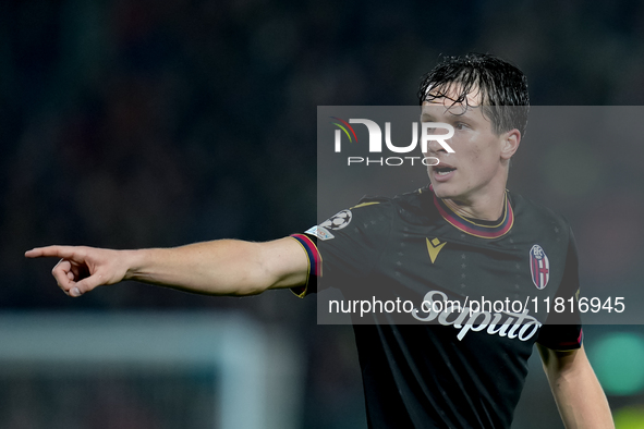 Giovanni Fabbian of Bologna FC gestures during the UEFA Champions League 2024/25 League Phase MD5 match between Bologna FC and LOSC Lille at...