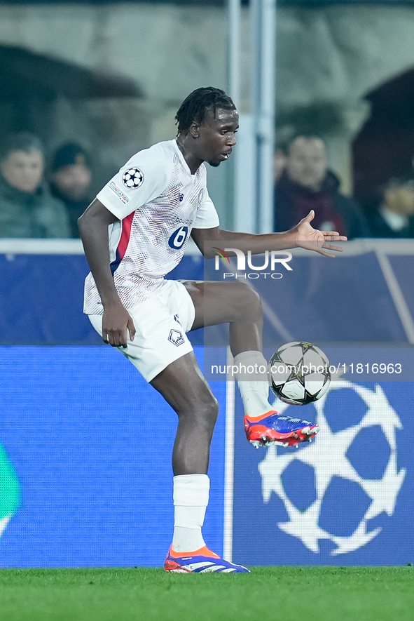 Ngal'ayel Mukau of LOSC Lille during the UEFA Champions League 2024/25 League Phase MD5 match between Bologna FC and LOSC Lille at Stadio Re...