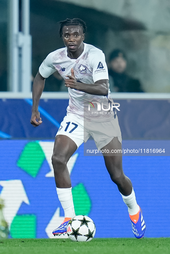 Ngal'ayel Mukau of LOSC Lille during the UEFA Champions League 2024/25 League Phase MD5 match between Bologna FC and LOSC Lille at Stadio Re...