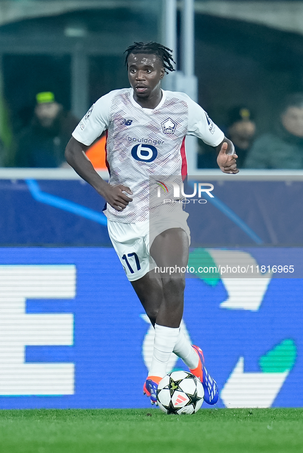 Ngal'ayel Mukau of LOSC Lille during the UEFA Champions League 2024/25 League Phase MD5 match between Bologna FC and LOSC Lille at Stadio Re...