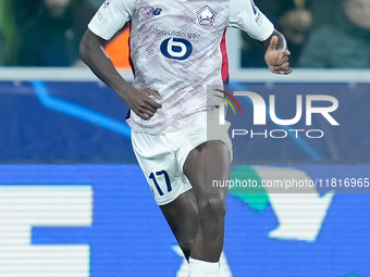 Ngal'ayel Mukau of LOSC Lille during the UEFA Champions League 2024/25 League Phase MD5 match between Bologna FC and LOSC Lille at Stadio Re...