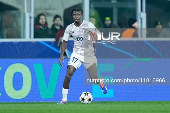 Ngal'ayel Mukau of LOSC Lille during the UEFA Champions League 2024/25 League Phase MD5 match between Bologna FC and LOSC Lille at Stadio Re...