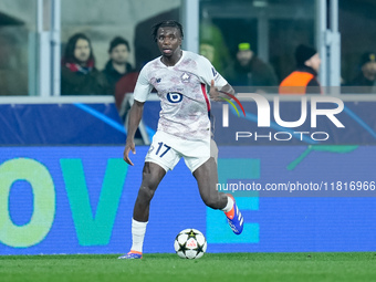 Ngal'ayel Mukau of LOSC Lille during the UEFA Champions League 2024/25 League Phase MD5 match between Bologna FC and LOSC Lille at Stadio Re...