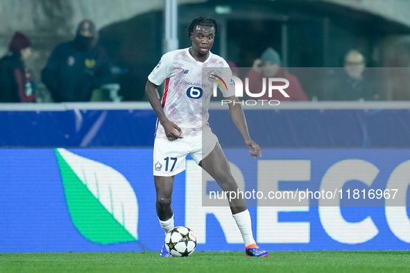 Ngal'ayel Mukau of LOSC Lille during the UEFA Champions League 2024/25 League Phase MD5 match between Bologna FC and LOSC Lille at Stadio Re...