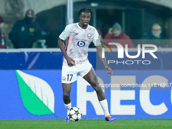 Ngal'ayel Mukau of LOSC Lille during the UEFA Champions League 2024/25 League Phase MD5 match between Bologna FC and LOSC Lille at Stadio Re...